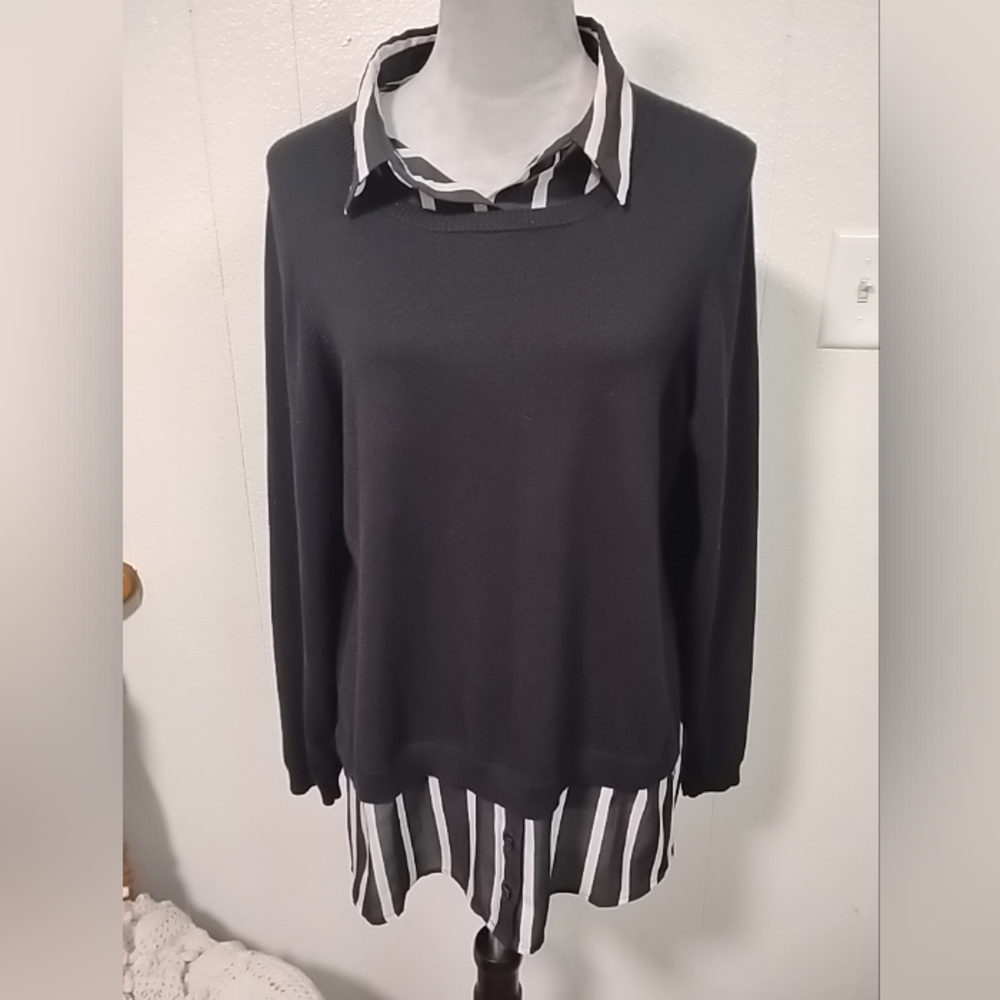 Adrianna Papell Collared Long Sleeve Twofer Viscose Top XL Preppy Y2k Style